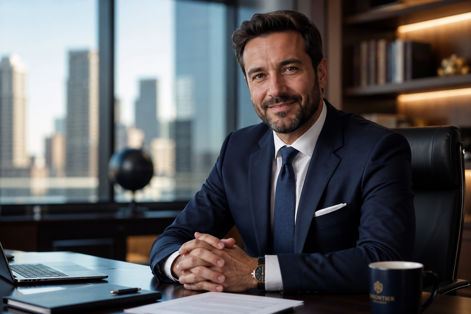 An American Frontier Bank executive in a modern corporate office